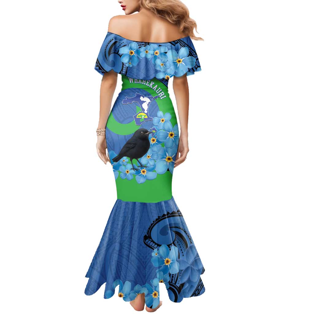 New Zealand Chatham Islands Family Matching Mermaid Dress and Hawaiian Shirt Wharekauri Forget Me Not With Black Robin LT14 - Polynesian Pride