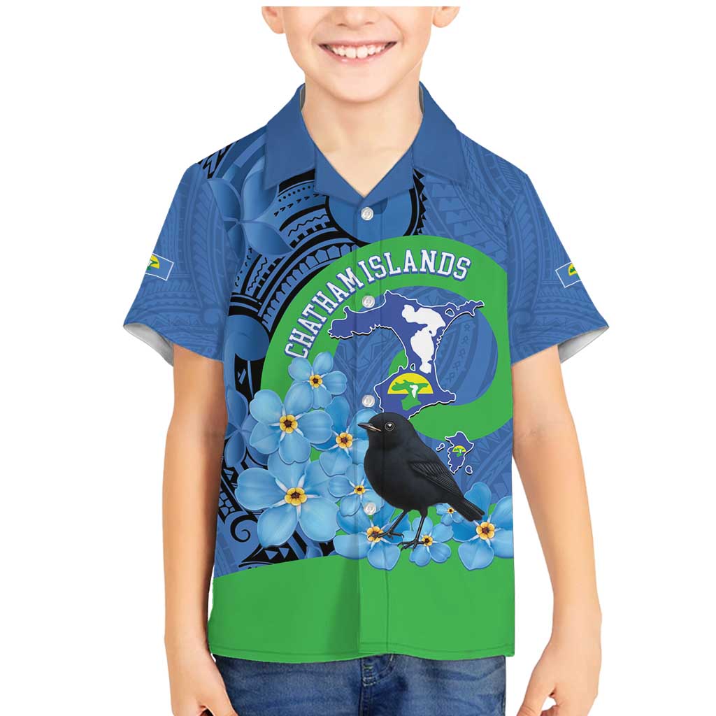 New Zealand Chatham Islands Family Matching Mermaid Dress and Hawaiian Shirt Wharekauri Forget Me Not With Black Robin LT14 Son's Shirt Blue - Polynesian Pride
