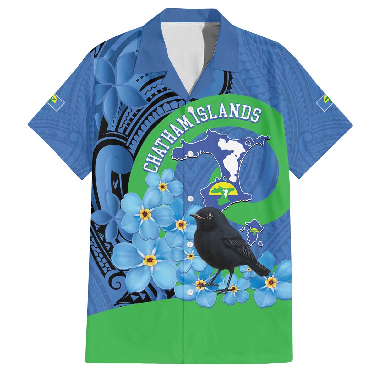 New Zealand Chatham Islands Family Matching Off The Shoulder Long Sleeve Dress and Hawaiian Shirt Wharekauri Forget Me Not With Black Robin LT14 Dad's Shirt - Short Sleeve Blue - Polynesian Pride