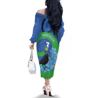 New Zealand Chatham Islands Family Matching Off The Shoulder Long Sleeve Dress and Hawaiian Shirt Wharekauri Forget Me Not With Black Robin LT14 - Polynesian Pride