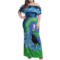 New Zealand Chatham Islands Family Matching Off Shoulder Maxi Dress and Hawaiian Shirt Wharekauri Forget Me Not With Black Robin LT14 Mom's Dress Blue - Polynesian Pride