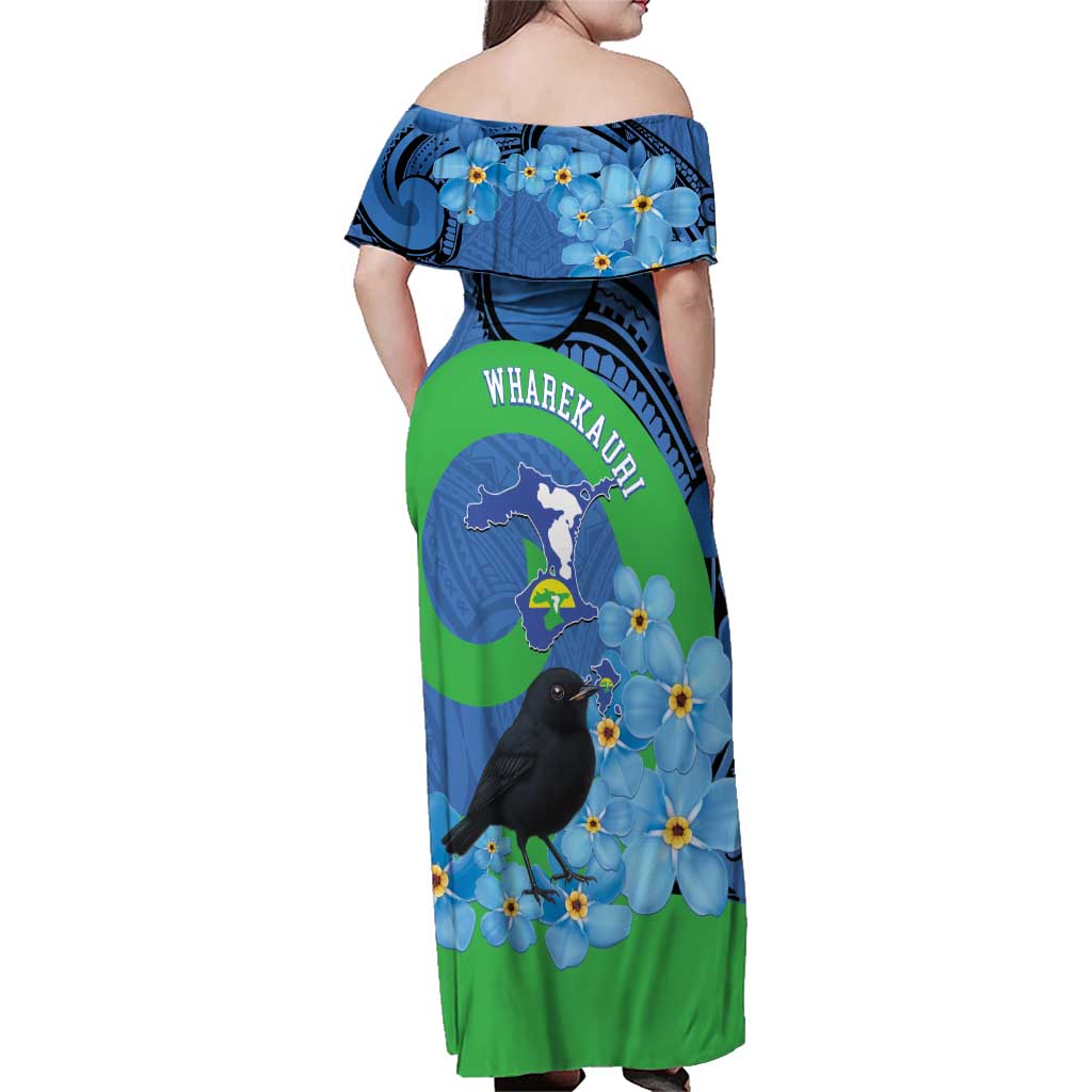 New Zealand Chatham Islands Family Matching Off Shoulder Maxi Dress and Hawaiian Shirt Wharekauri Forget Me Not With Black Robin LT14 - Polynesian Pride