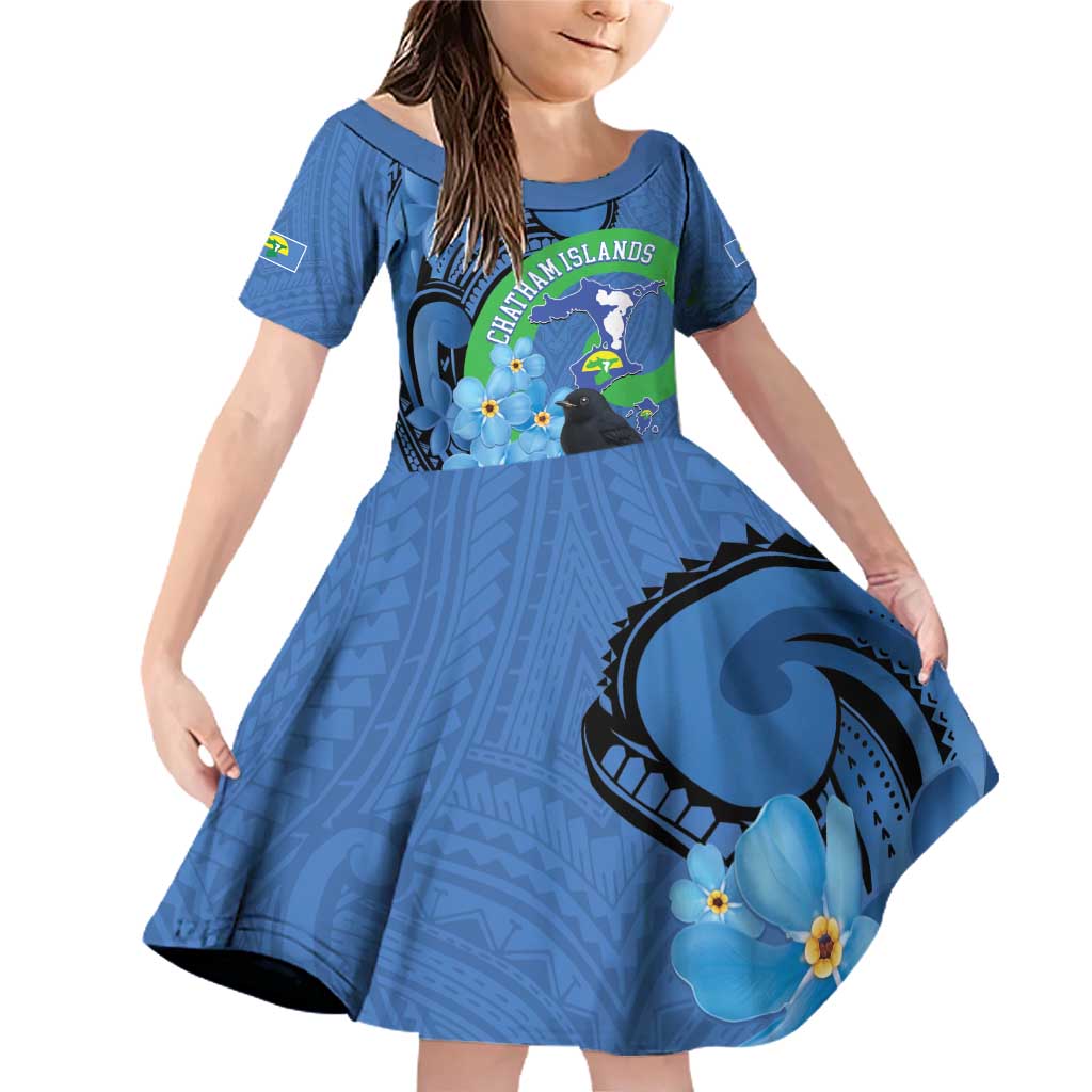 New Zealand Chatham Islands Family Matching Off Shoulder Short Dress and Hawaiian Shirt Wharekauri Forget Me Not With Black Robin LT14 Daughter's Dress Blue - Polynesian Pride