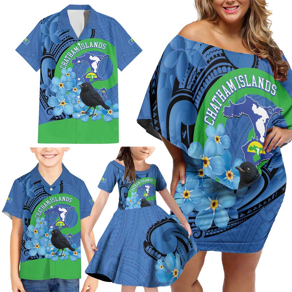 New Zealand Chatham Islands Family Matching Off Shoulder Short Dress and Hawaiian Shirt Wharekauri Forget Me Not With Black Robin LT14 - Polynesian Pride