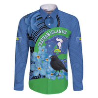 New Zealand Chatham Islands Family Matching Off Shoulder Short Dress and Hawaiian Shirt Wharekauri Forget Me Not With Black Robin LT14 Dad's Shirt - Long Sleeve Blue - Polynesian Pride