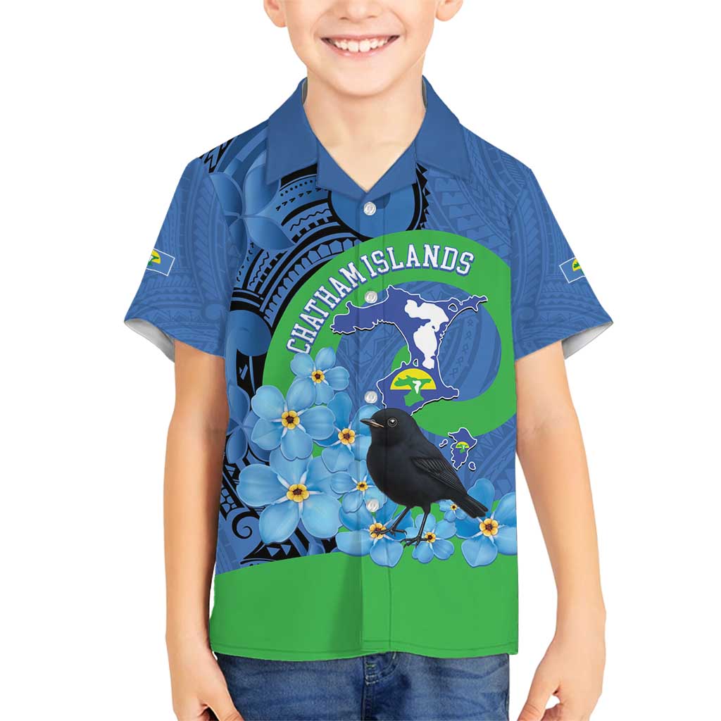 New Zealand Chatham Islands Family Matching Off Shoulder Short Dress and Hawaiian Shirt Wharekauri Forget Me Not With Black Robin LT14 Son's Shirt Blue - Polynesian Pride