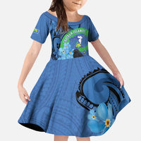 New Zealand Chatham Islands Family Matching Summer Maxi Dress and Hawaiian Shirt Wharekauri Forget Me Not With Black Robin LT14 Daughter's Dress Blue - Polynesian Pride