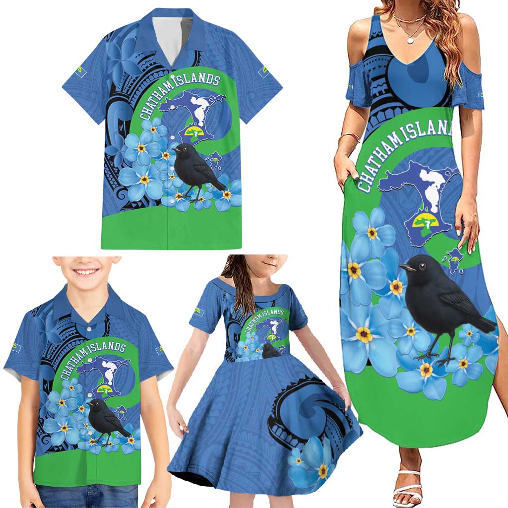 New Zealand Chatham Islands Family Matching Summer Maxi Dress and Hawaiian Shirt Wharekauri Forget Me Not With Black Robin LT14 - Polynesian Pride