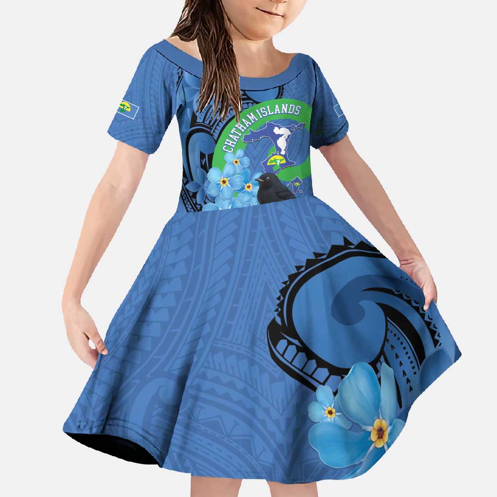 New Zealand Chatham Islands Family Matching Tank Maxi Dress and Hawaiian Shirt Wharekauri Forget Me Not With Black Robin LT14 Daughter's Dress Blue - Polynesian Pride