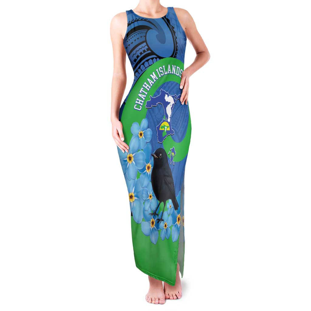 New Zealand Chatham Islands Family Matching Tank Maxi Dress and Hawaiian Shirt Wharekauri Forget Me Not With Black Robin LT14 Mom's Dress Blue - Polynesian Pride