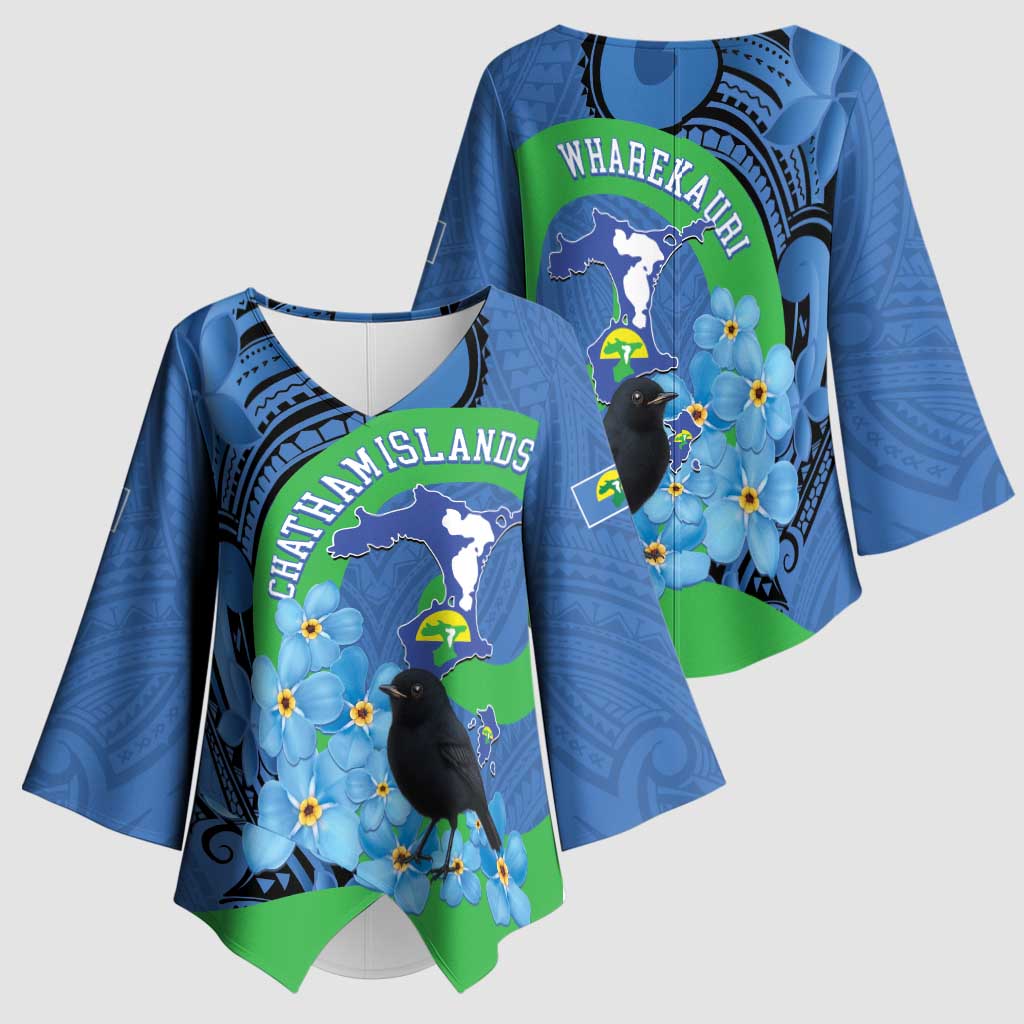 New Zealand Chatham Islands Kimono Sleeve Blouse Wharekauri Forget Me Not With Black Robin - Polynesian Pride