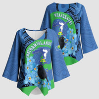 New Zealand Chatham Islands Kimono Sleeve Blouse Wharekauri Forget Me Not With Black Robin - Polynesian Pride
