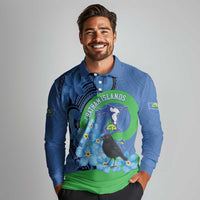 New Zealand Chatham Islands Long Sleeve Polo Shirt Wharekauri Forget Me Not With Black Robin