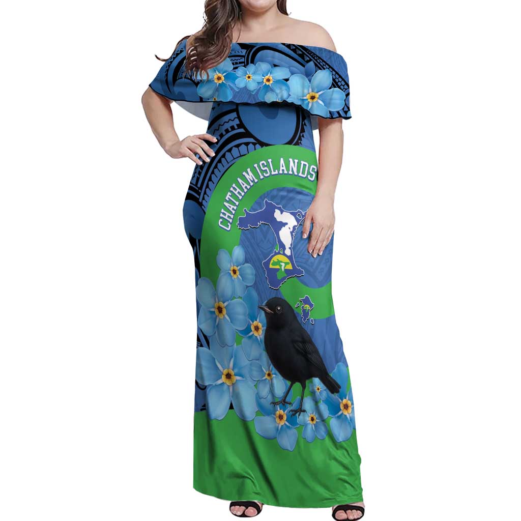 New Zealand Chatham Islands Off Shoulder Maxi Dress Wharekauri Forget Me Not With Black Robin