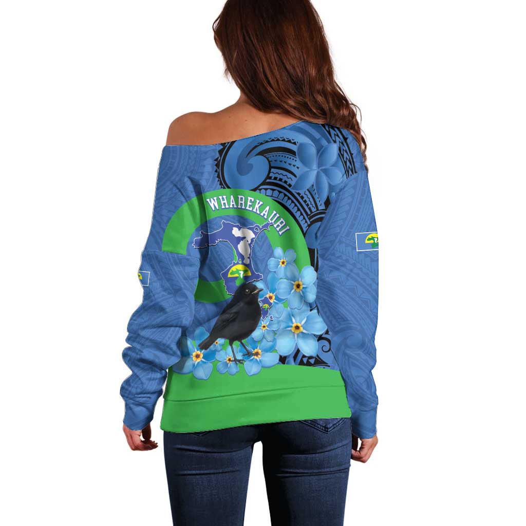 New Zealand Chatham Islands Off Shoulder Sweater Wharekauri Forget Me Not With Black Robin LT14 - Polynesian Pride