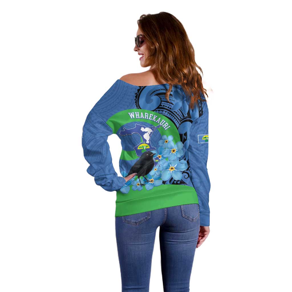New Zealand Chatham Islands Off Shoulder Sweater Wharekauri Forget Me Not With Black Robin LT14 - Polynesian Pride
