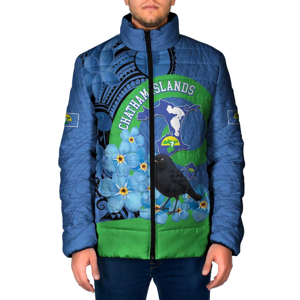 New Zealand Chatham Islands Padded Jacket Wharekauri Forget Me Not With Black Robin - Polynesian Pride