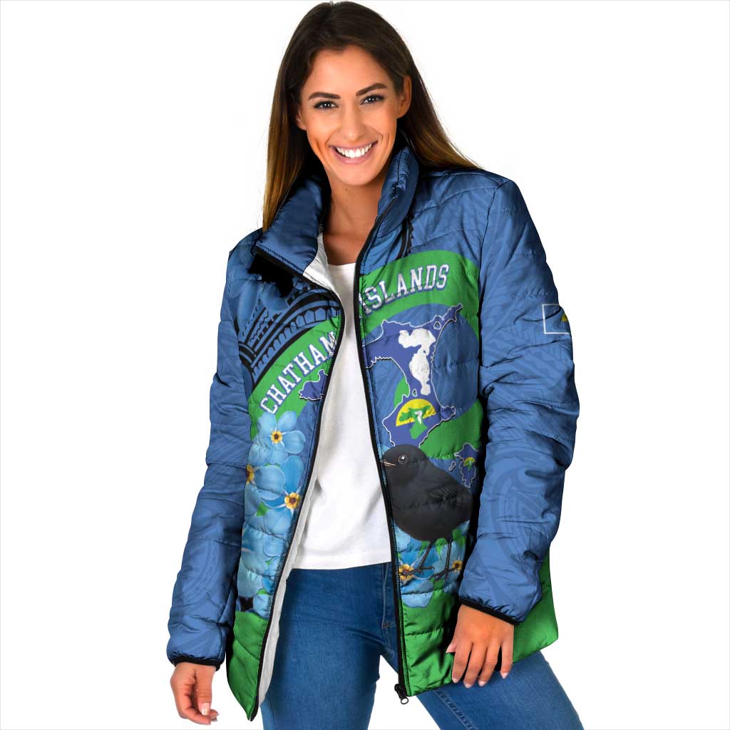 New Zealand Chatham Islands Padded Jacket Wharekauri Forget Me Not With Black Robin - Polynesian Pride