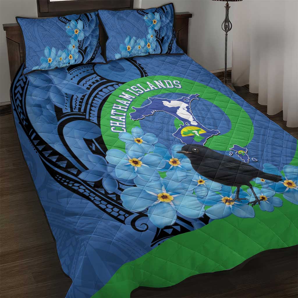 New Zealand Chatham Islands Quilt Bed Set Wharekauri Forget Me Not With Black Robin LT14 Blue - Polynesian Pride