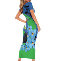 New Zealand Chatham Islands Short Sleeve Bodycon Dress Wharekauri Forget Me Not With Black Robin