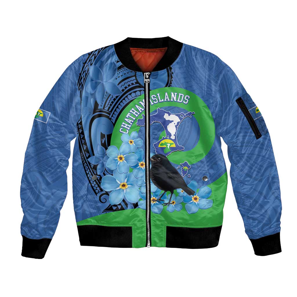 New Zealand Chatham Islands Sleeve Zip Bomber Jacket Wharekauri Forget Me Not With Black Robin LT14 Unisex Blue - Polynesian Pride