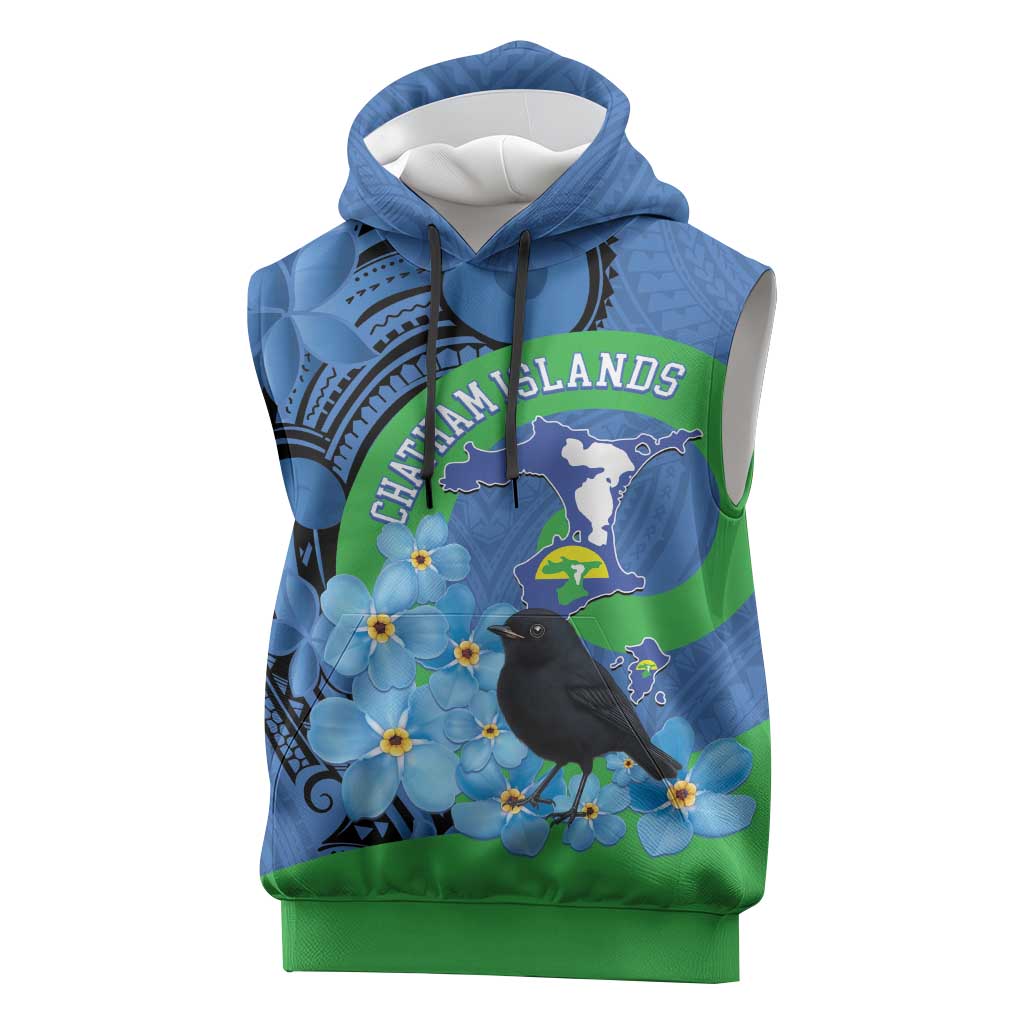 New Zealand Chatham Islands Sleeveless Hoodie Wharekauri Forget Me Not With Black Robin - Polynesian Pride