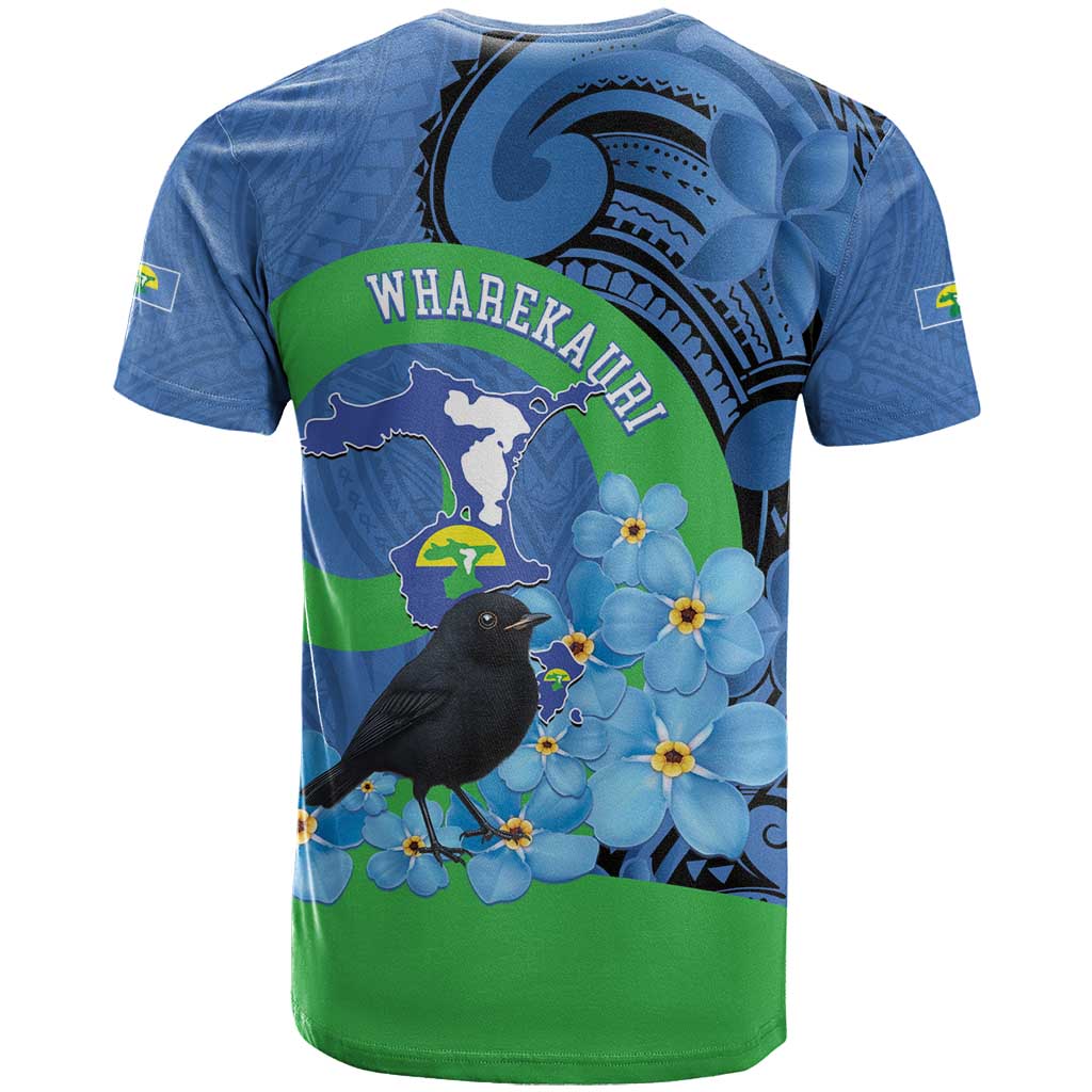 New Zealand Chatham Islands T Shirt Wharekauri Forget Me Not With Black Robin