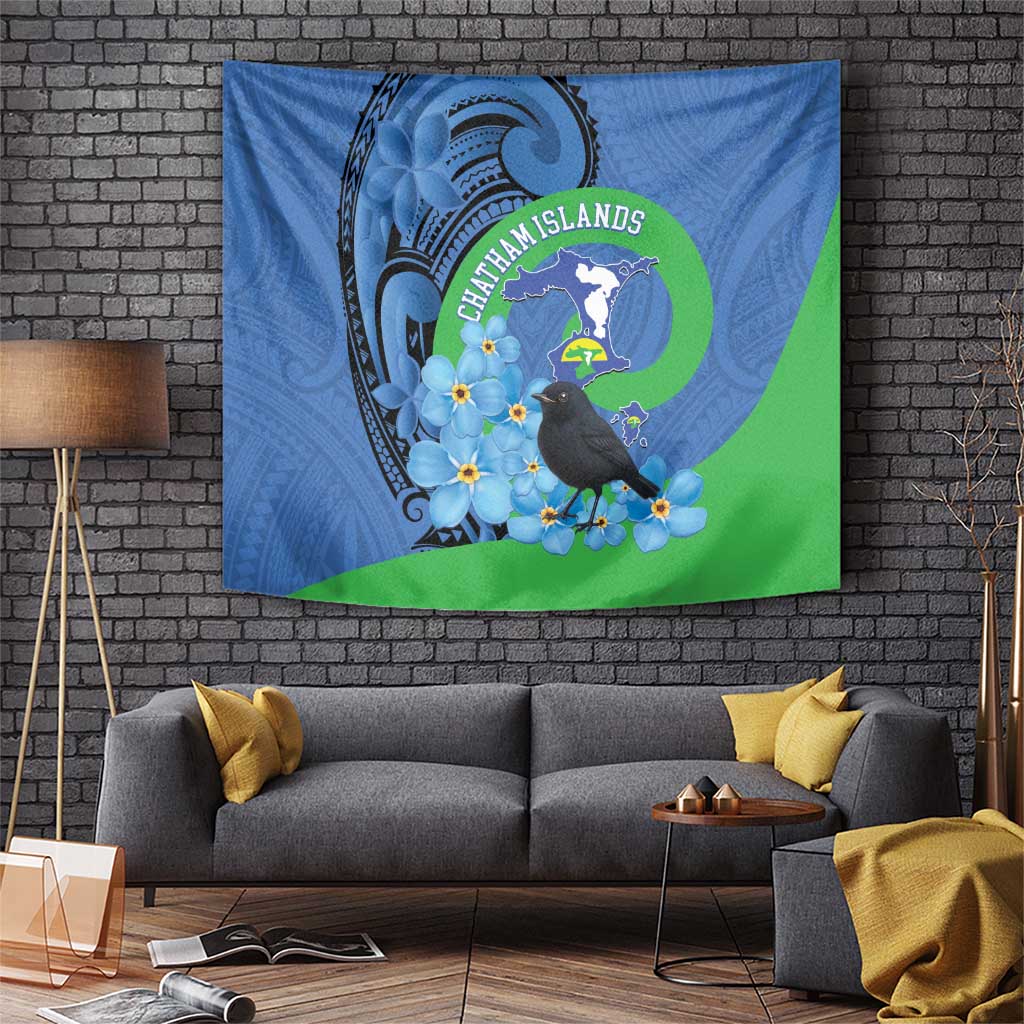 New Zealand Chatham Islands Tapestry Wharekauri Forget Me Not With Black Robin LT14 Blue - Polynesian Pride