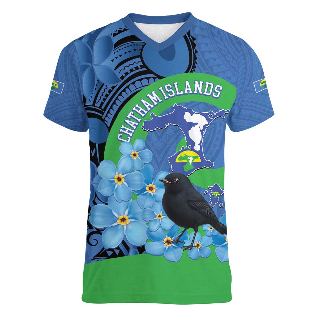 New Zealand Chatham Islands Women V-Neck T-Shirt Wharekauri Forget Me Not With Black Robin