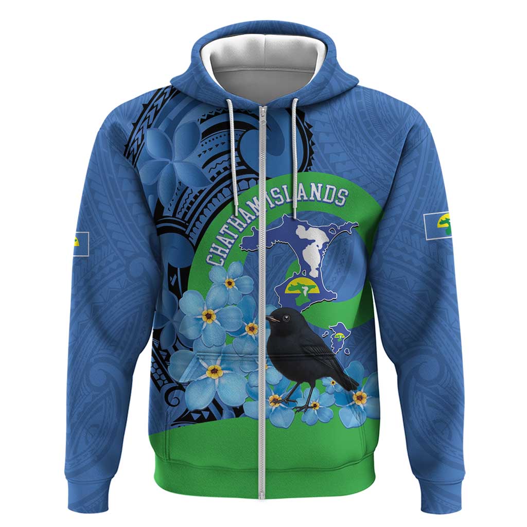 New Zealand Chatham Islands Zip Hoodie Wharekauri Forget Me Not With Black Robin LT14 Zip Hoodie Blue - Polynesian Pride
