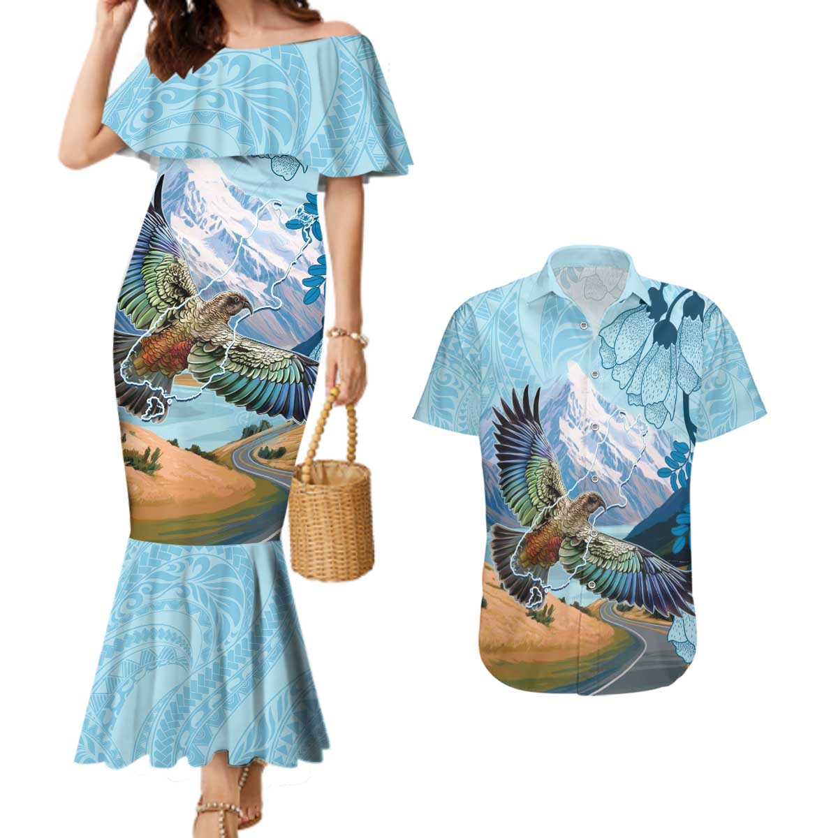New Zealand South Island Couples Matching Mermaid Dress and Hawaiian Shirt Te Waipounamu Aoraki Kea Bird LT14 Blue - Polynesian Pride