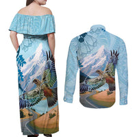New Zealand South Island Couples Matching Off Shoulder Maxi Dress and Long Sleeve Button Shirt Te Waipounamu Aoraki Kea Bird LT14 - Polynesian Pride