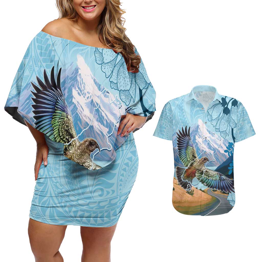 New Zealand South Island Couples Matching Off Shoulder Short Dress and Hawaiian Shirt Te Waipounamu Aoraki Kea Bird LT14 Blue - Polynesian Pride