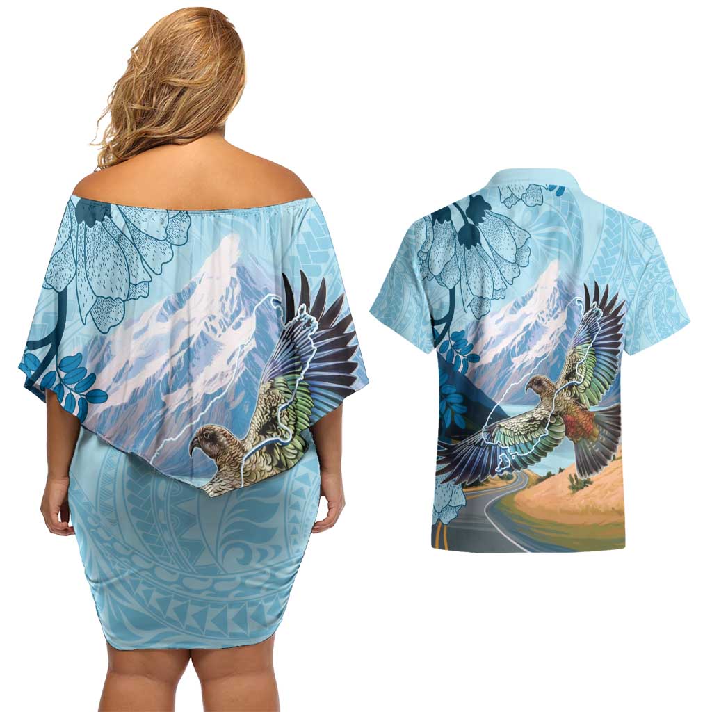 New Zealand South Island Couples Matching Off Shoulder Short Dress and Hawaiian Shirt Te Waipounamu Aoraki Kea Bird LT14 - Polynesian Pride