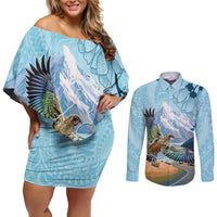 New Zealand South Island Couples Matching Off Shoulder Short Dress and Long Sleeve Button Shirt Te Waipounamu Aoraki Kea Bird LT14 Blue - Polynesian Pride