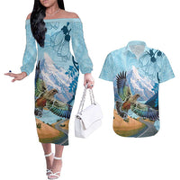 New Zealand South Island Couples Matching Off The Shoulder Long Sleeve Dress and Hawaiian Shirt Te Waipounamu Aoraki Kea Bird LT14 Blue - Polynesian Pride