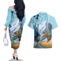 New Zealand South Island Couples Matching Off The Shoulder Long Sleeve Dress and Hawaiian Shirt Te Waipounamu Aoraki Kea Bird LT14 - Polynesian Pride