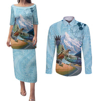 New Zealand South Island Couples Matching Puletasi and Long Sleeve Button Shirt Te Waipounamu Aoraki Kea Bird LT14 Blue - Polynesian Pride