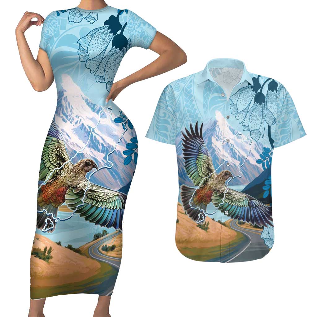 New Zealand South Island Couples Matching Short Sleeve Bodycon Dress and Hawaiian Shirt Te Waipounamu Aoraki Kea Bird LT14 Blue - Polynesian Pride