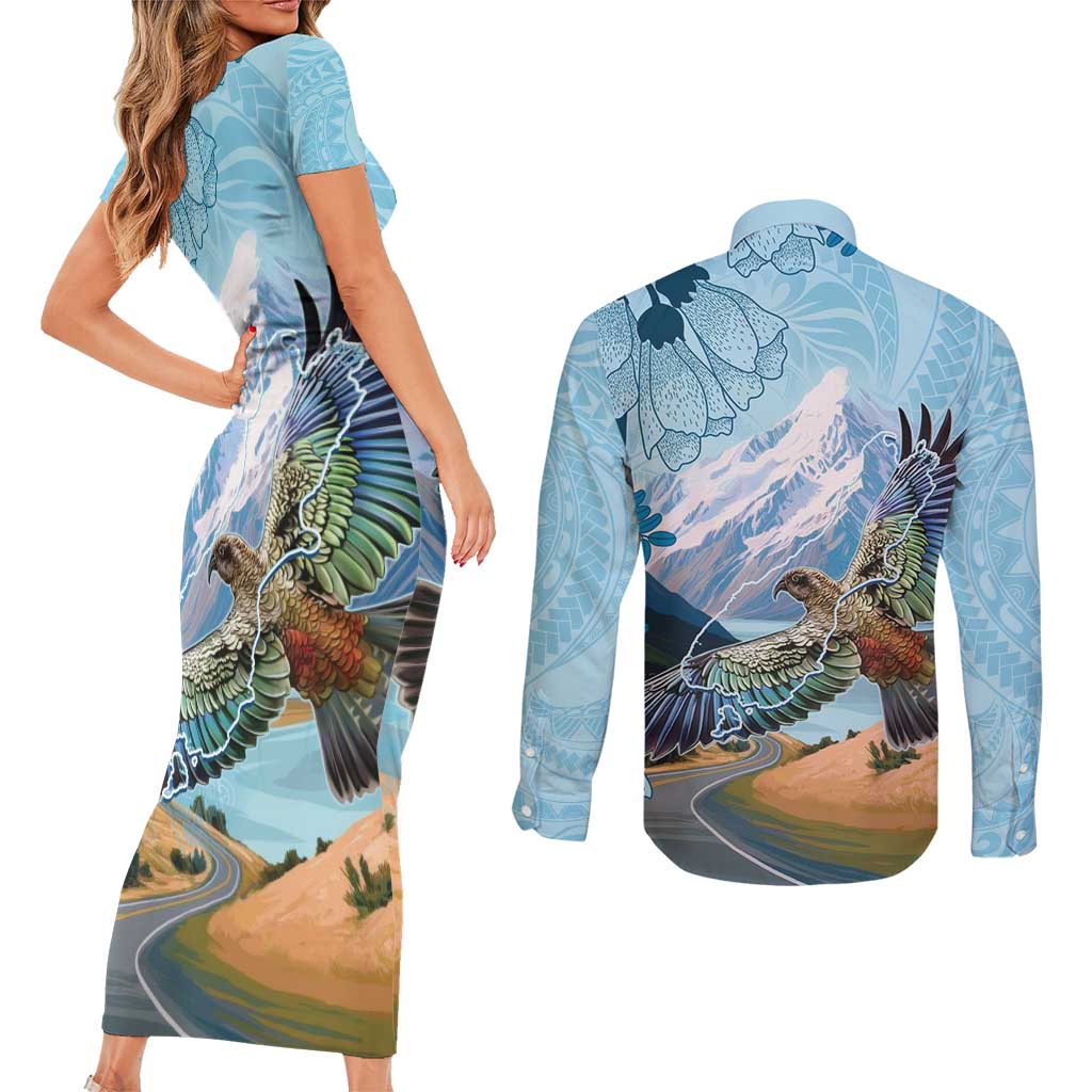 New Zealand South Island Couples Matching Short Sleeve Bodycon Dress and Long Sleeve Button Shirt Te Waipounamu Aoraki Kea Bird LT14 - Polynesian Pride
