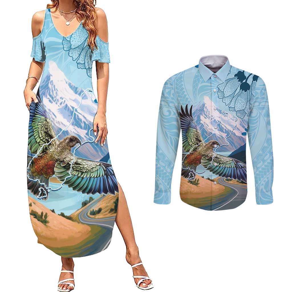 New Zealand South Island Couples Matching Summer Maxi Dress and Long Sleeve Button Shirt Te Waipounamu Aoraki Kea Bird LT14 Blue - Polynesian Pride