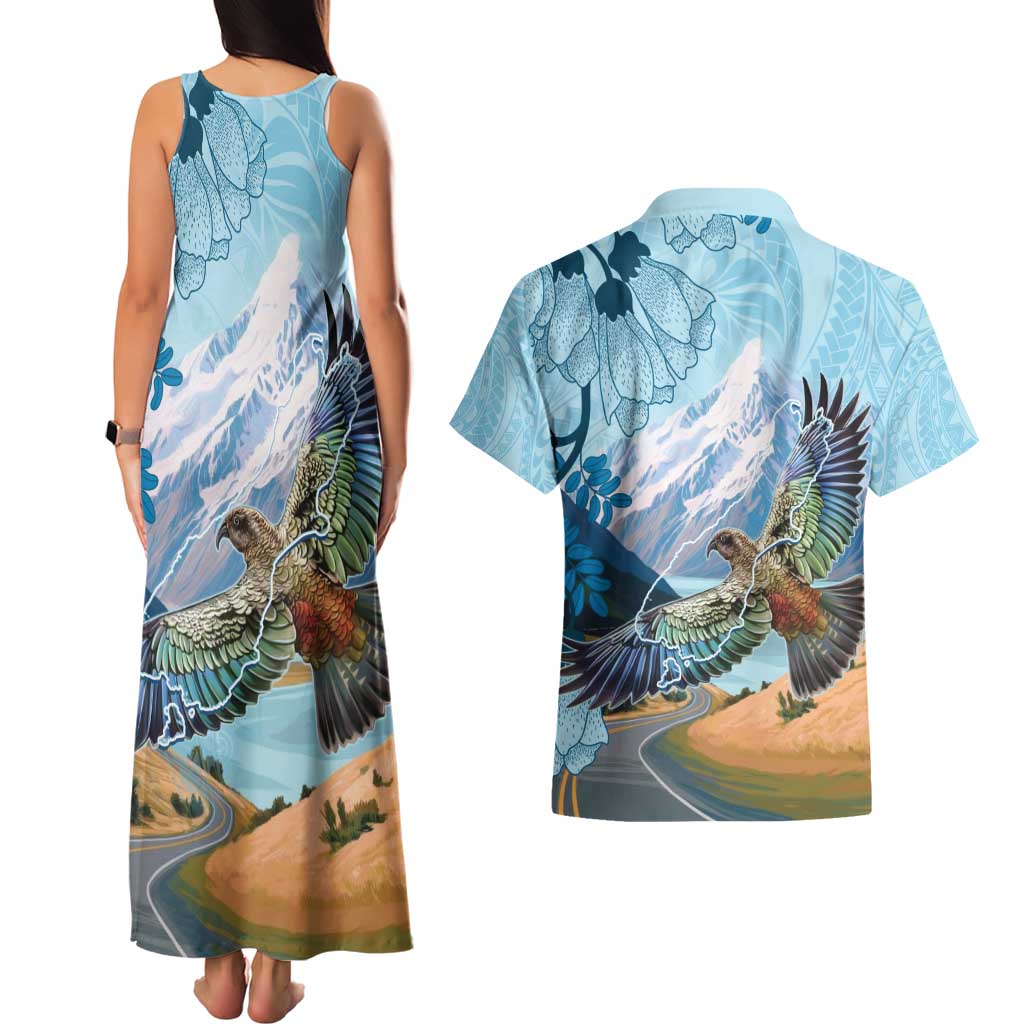 New Zealand South Island Couples Matching Tank Maxi Dress and Hawaiian Shirt Te Waipounamu Aoraki Kea Bird LT14 - Polynesian Pride