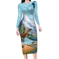 New Zealand South Island Family Matching Long Sleeve Bodycon Dress and Hawaiian Shirt Te Waipounamu Aoraki Kea Bird LT14 Mom's Dress Blue - Polynesian Pride
