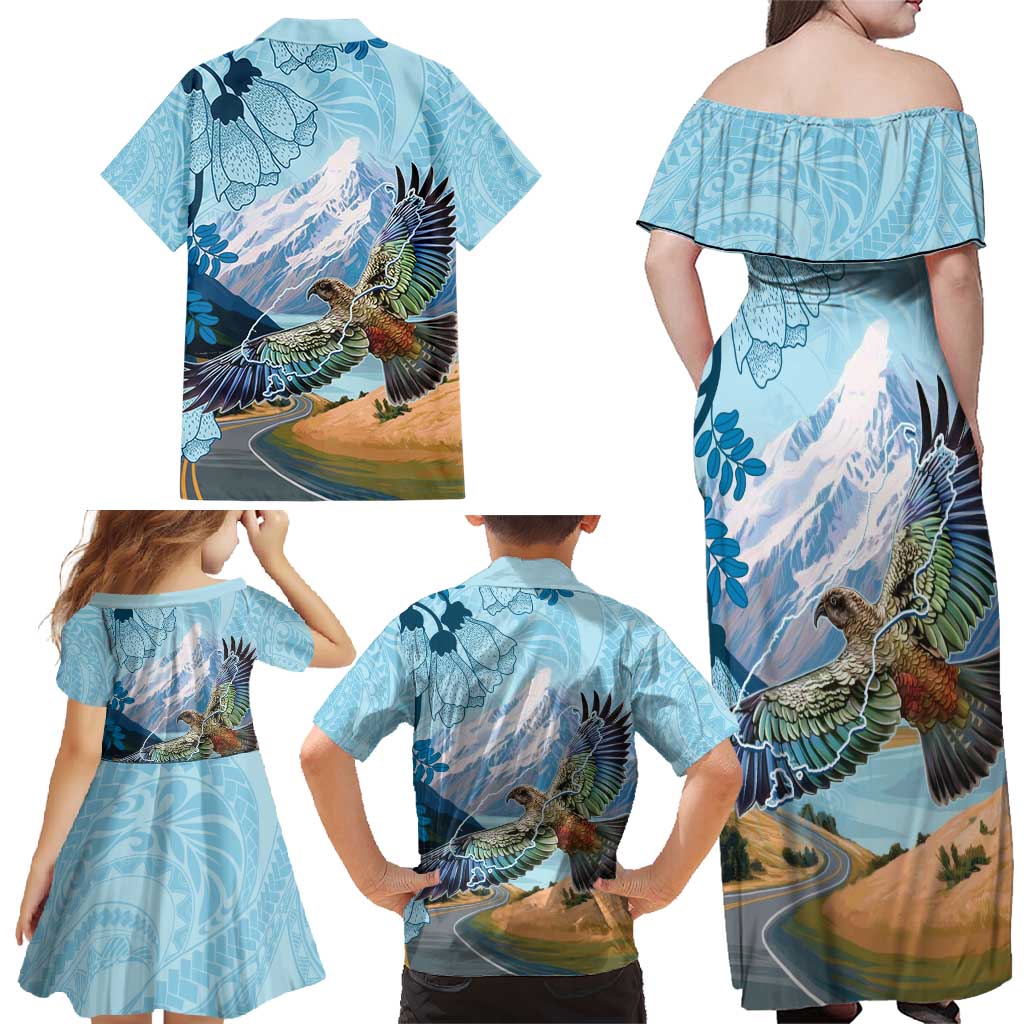 New Zealand South Island Family Matching Off Shoulder Maxi Dress and Hawaiian Shirt Te Waipounamu Aoraki Kea Bird LT14 - Polynesian Pride