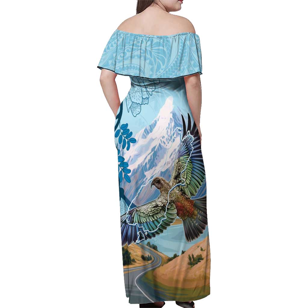 New Zealand South Island Family Matching Off Shoulder Maxi Dress and Hawaiian Shirt Te Waipounamu Aoraki Kea Bird LT14 - Polynesian Pride