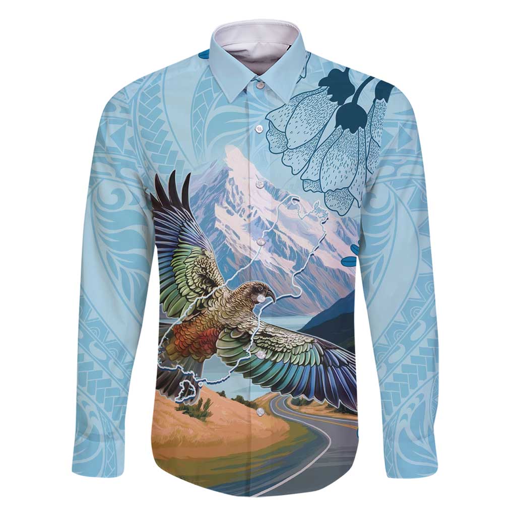 New Zealand South Island Family Matching Off Shoulder Short Dress and Hawaiian Shirt Te Waipounamu Aoraki Kea Bird LT14 Dad's Shirt - Long Sleeve Blue - Polynesian Pride