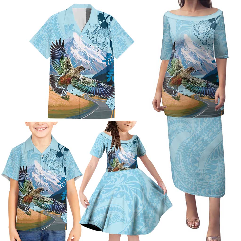 New Zealand South Island Family Matching Puletasi and Hawaiian Shirt Te Waipounamu Aoraki Kea Bird LT14 - Polynesian Pride