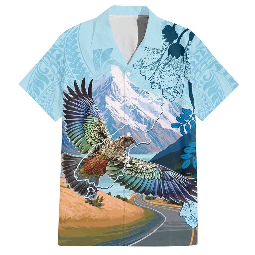 New Zealand South Island Family Matching Puletasi and Hawaiian Shirt Te Waipounamu Aoraki Kea Bird LT14 Dad's Shirt - Short Sleeve Blue - Polynesian Pride