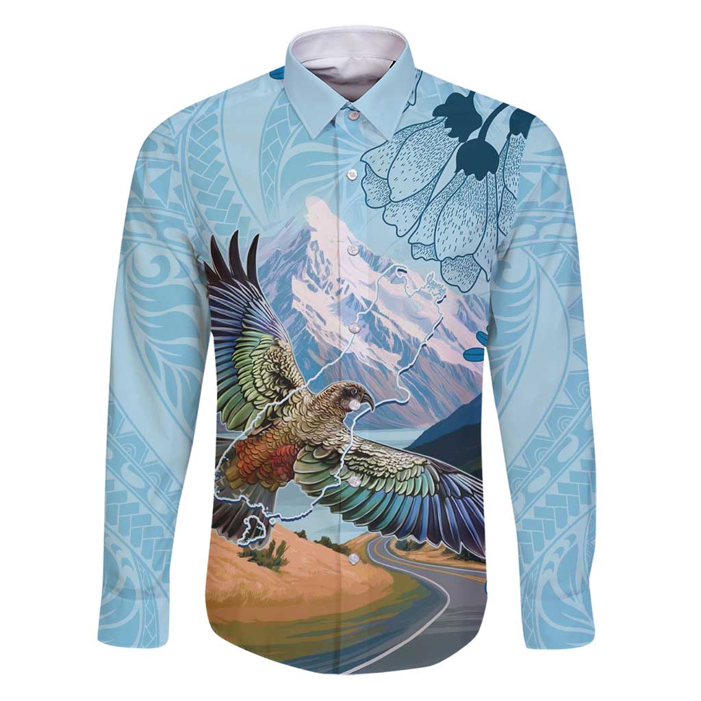 New Zealand South Island Family Matching Puletasi and Hawaiian Shirt Te Waipounamu Aoraki Kea Bird LT14 Dad's Shirt - Long Sleeve Blue - Polynesian Pride