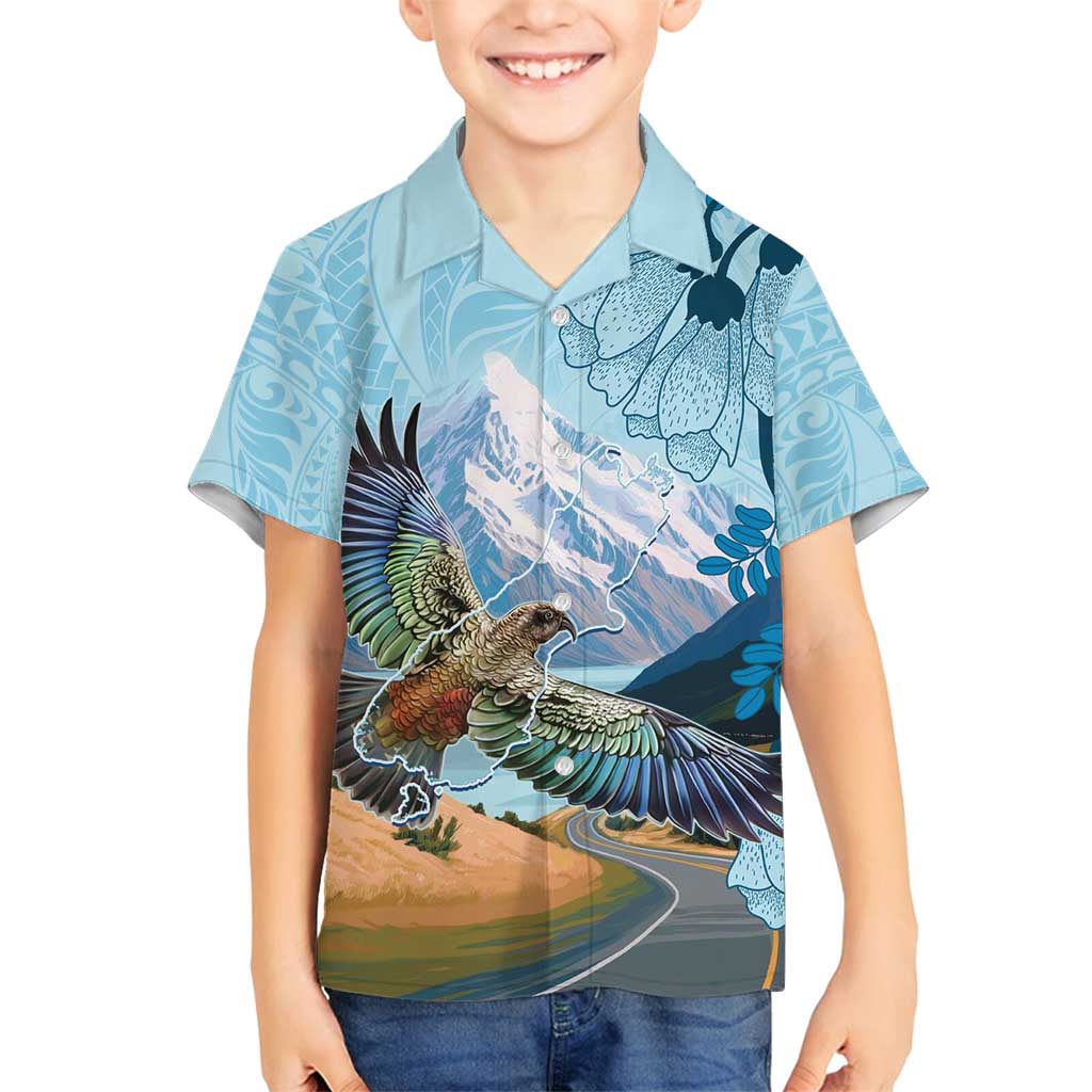 New Zealand South Island Family Matching Puletasi and Hawaiian Shirt Te Waipounamu Aoraki Kea Bird LT14 Son's Shirt Blue - Polynesian Pride